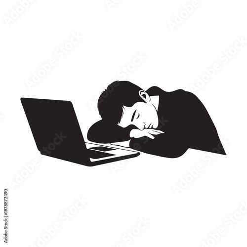 Man sleeping next to open laptop computer on white background