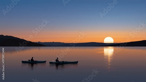 Couples Kayak on Calm Water During Sunset at Seaside Location