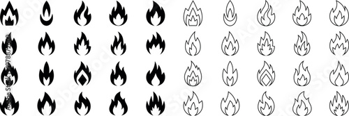 Collection of various flame icons in solid black and outline styles symbolizing heat and energy