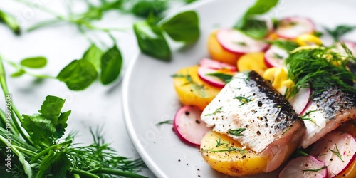 Fresh Fish Dish Served With Vegetables and Herbs in a Bright Setting