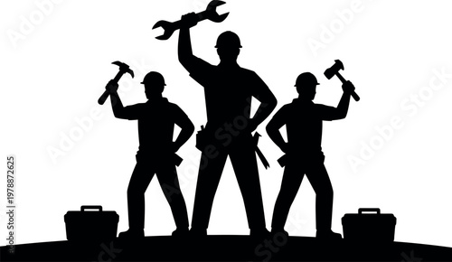 Silhouette of three construction workers holding tools and toolboxes representing teamwork and manual labor
