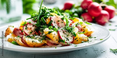 Fresh Fish Dish Served With Vegetables and Herbs in a Bright Setting