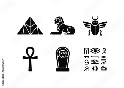 Vector featuring egyptian symbols and hieroglyphics in a structured layout.