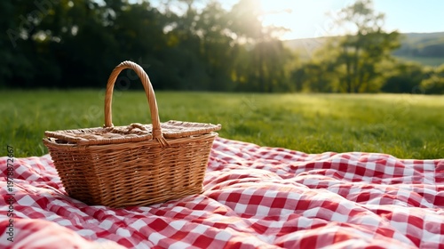 Picnic in a Sunny Park Setting With a Wicker Basket on a Red Checkered Blanket