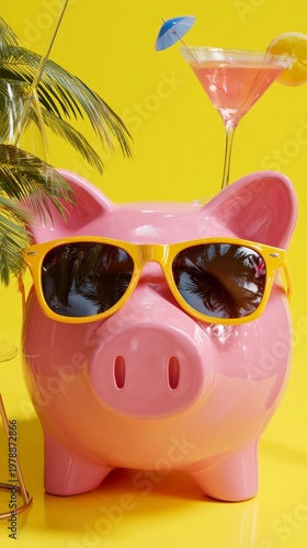 Bright Pink Piggy Bank Wearing Sunglasses Next to a Cocktail and a Straw Hat ...