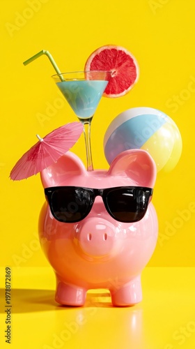 Creative Display of a Pink Piggy Bank With a Cocktail and Beach Ball Set Agai...