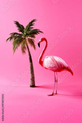 Flamingo and Palm Tree Stand on Pink Background During Sunny Day