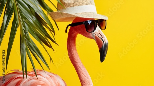 Flamingo With Hat and Sunglasses Stands Next to a Green Palm Leaf on a Bright...