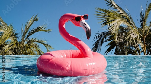 Pink Flamingo Float in Swimming Pool With Sunglasses and Palm Trees on Sunny Day