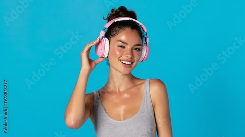 Woman Wears Pink Headphones and Smiles Against a Bright Blue Background Durin...