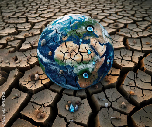 Earth crying global warming nature disaster dry cracked land. Environmental pollution 