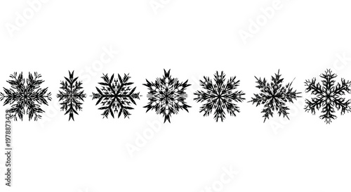 A horizontal line of six detailed black snowflakes with varying intricate designs and shapes