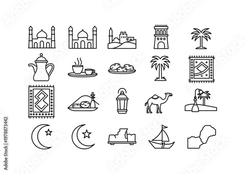 Collection of middle eastern vector icons including mosques, buildings, and cultural elements
