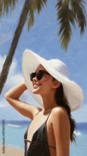 Woman Wearing a Large Hat at the Beach on a Sunny Day Near Palm Trees and Oce...