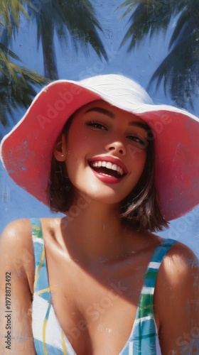 Woman Wearing a Large Hat at the Beach on a Sunny Day Near Palm Trees and Oce...