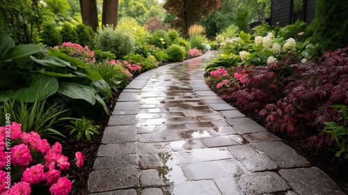 Pathway Through a Flower Garden After Rain With Colorful Blooms and Green Fol...