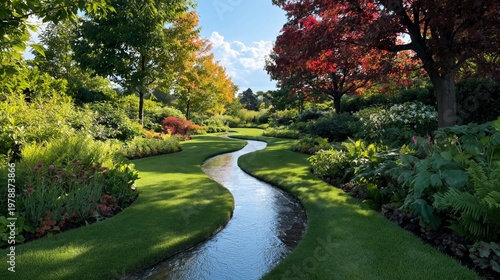 Pathway Through a Flower Garden After Rain With Colorful Blooms and Green Fol...
