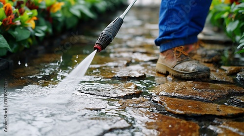Gardener Waters Green Grass With a Hose Along a Stone Pathway in the Backyard