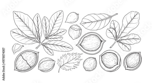 Hand drawn botanical of macadamia nuts and leaves vintage
