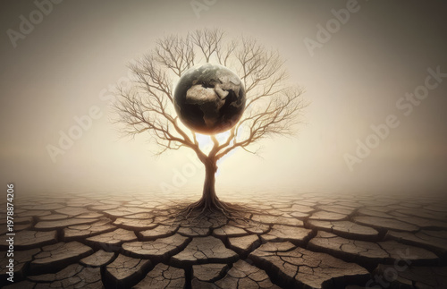 Human hand holding earth. Leafless tree dry , cracked land surface . Stormy clouds. Global Warming nature disaster concept.