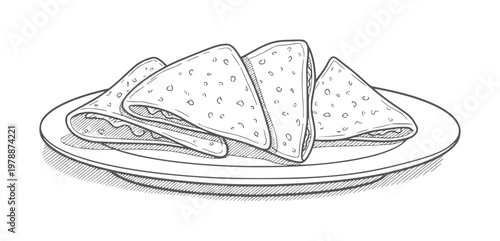 Hand drawn of triangular stuffed crepes a plate food