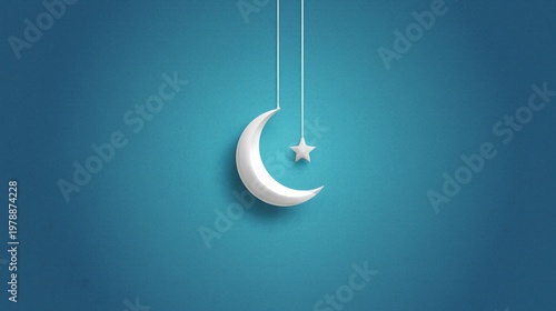 Moon and Star Hanging on Strings Against a Blue Background