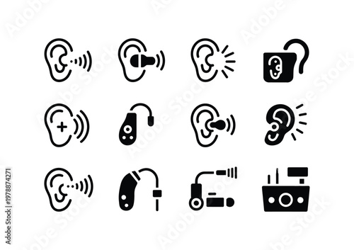 Vector showcasing various types of hearing aid devices and ear icons