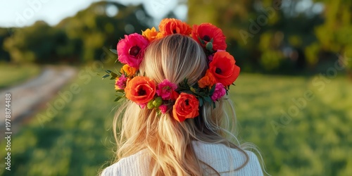 Woman With a Floral Crown Stands in a Field During Sunset Near a Dirt Path