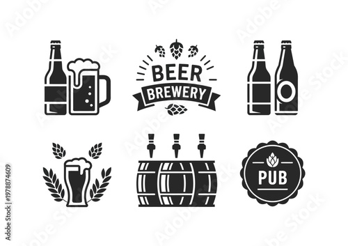 Vector featuring beer bottles, brewery elements, and pub equipment
