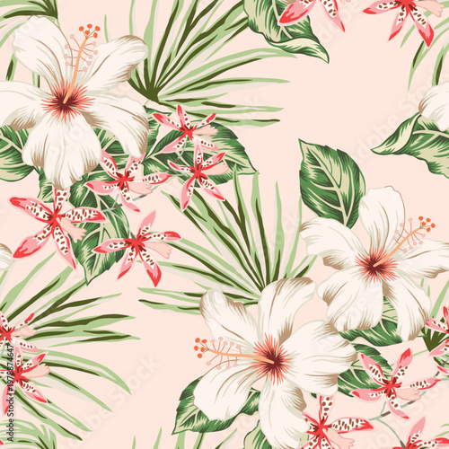 Tropical hibiscus, pink orchid flowers, green palm leaves, blush background. Vector seamless pattern. Hawaiian illustration. Exotic plants. Summer beach floral design. Paradise nature