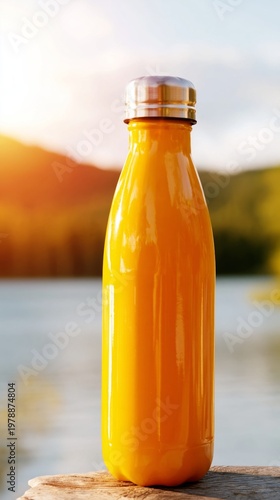 Stainless Steel Water Bottle Placed on a Rock by a Lake During Sunset Near a ...