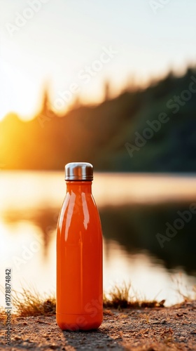 Sunset Scene With an Orange Water Bottle Placed by a Lake Shore During Evenin...