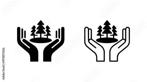 Hands holding a small tree on soil island icon in solid and outlined vector style for reforestation