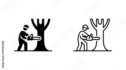 Professional lumberjack using chainsaw to cut tree icon set for forestry and timber industry concepts