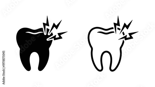 Tooth with sharp pain flash icon set depicting dental decay or toothache for medical health awareness
