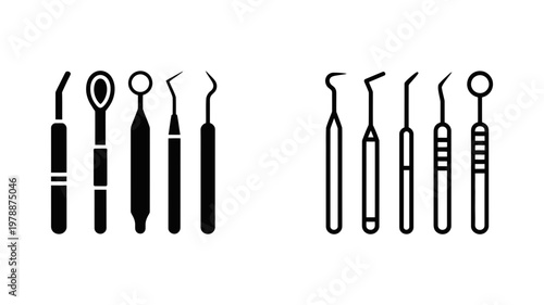 Professional dental tool instrument set icon collection for clinical examination and oral hygiene procedures