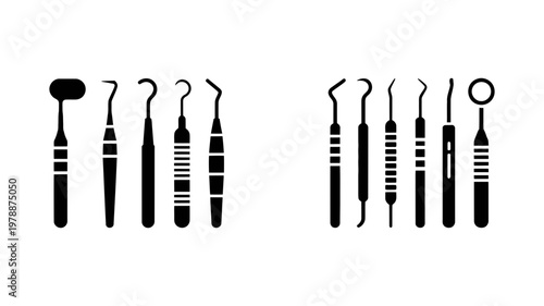 Set of professional dentist diagnostic instruments in solid black and outlined vector icon set design