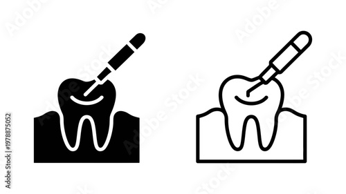 Dental root canal procedure icon set featuring tooth and specialized medical instrument in minimalist style