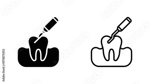 Professional dental cleaning and restorative procedure icon set showing tool working on molar tooth