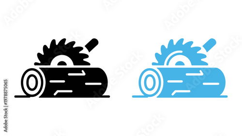 Sawmill circular blade cutting wood log icon set for industrial carpentry and lumber processing