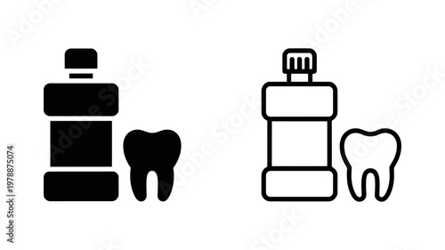 Mouthwash bottle and single tooth icon set for comprehensive oral health and hygiene maintenance
