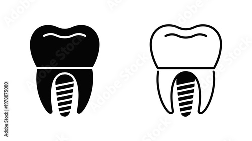Dental crown on implant screw icon set for advanced restorative and cosmetic dental treatments