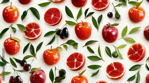 Colorful Arrangement of Fruits and Leaves on a Flat Surface Showing Various T...