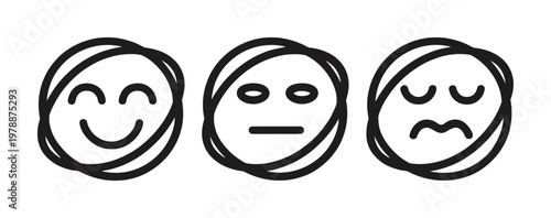 Vector of three expressive faces showing happiness, neutrality, and sadness
