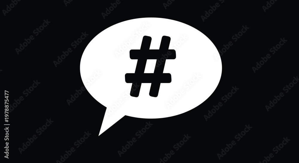 Fototapeta premium A stark white speech bubble contains a prominent black hashtag symbol against a black background