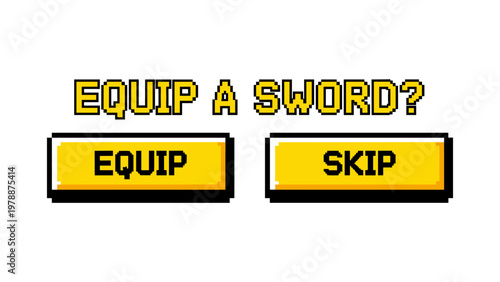 Pixel art game menu with sword equipment choice buttons in yellow