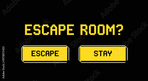 Retro 8-bit escape room game interface with pixel art buttons