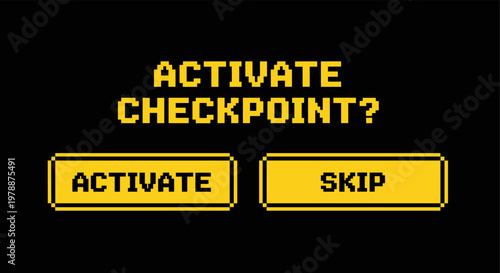 Retro pixel art gaming interface with activate and skip buttons