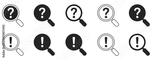 Magnifying glass icon set, find and help symbols with question and exclamation marks for search assistance and inquiry, modern minimal vector
