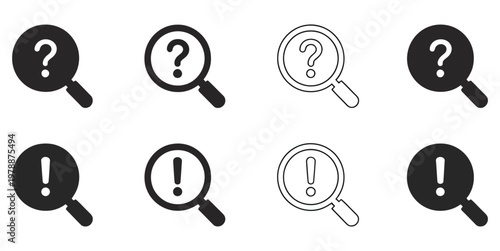 Magnifier glass with question and exclamation signs, magnifying glass help symbol representing search, query and support concepts, clean flat vector design